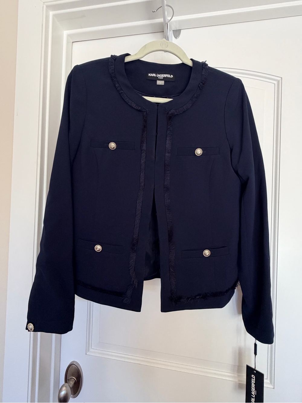 Karl Lagerfeld Navy Fringe-Trim Collarless Blazer with Gold-Tone Buttons
